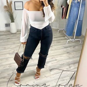 White sheer top with nude slip under neath that can be worn off the shoulders